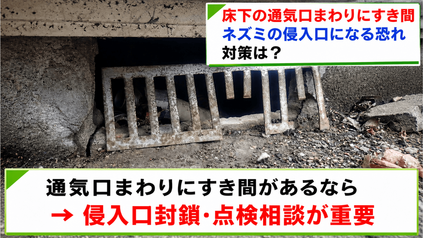 床下の通気口まわりの隙間がネズミの侵入口になる恐れ。侵入口封鎖・点検相談が重要