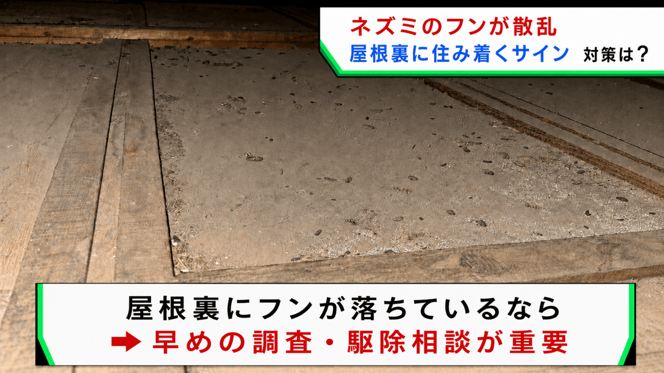 ネズミのフンが散乱。屋根裏に住み着くサインと対策は？屋根裏に糞が落ちているなら早の調査・駆除相談が重要