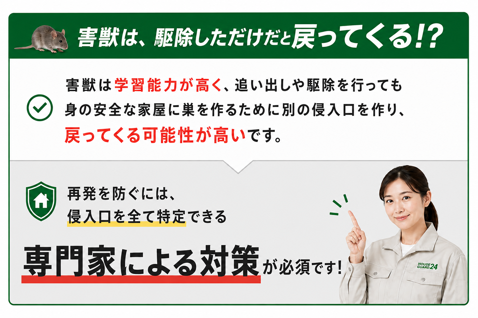 害獣は駆除しただけだと戻ってくるので専門家による対策が必須です