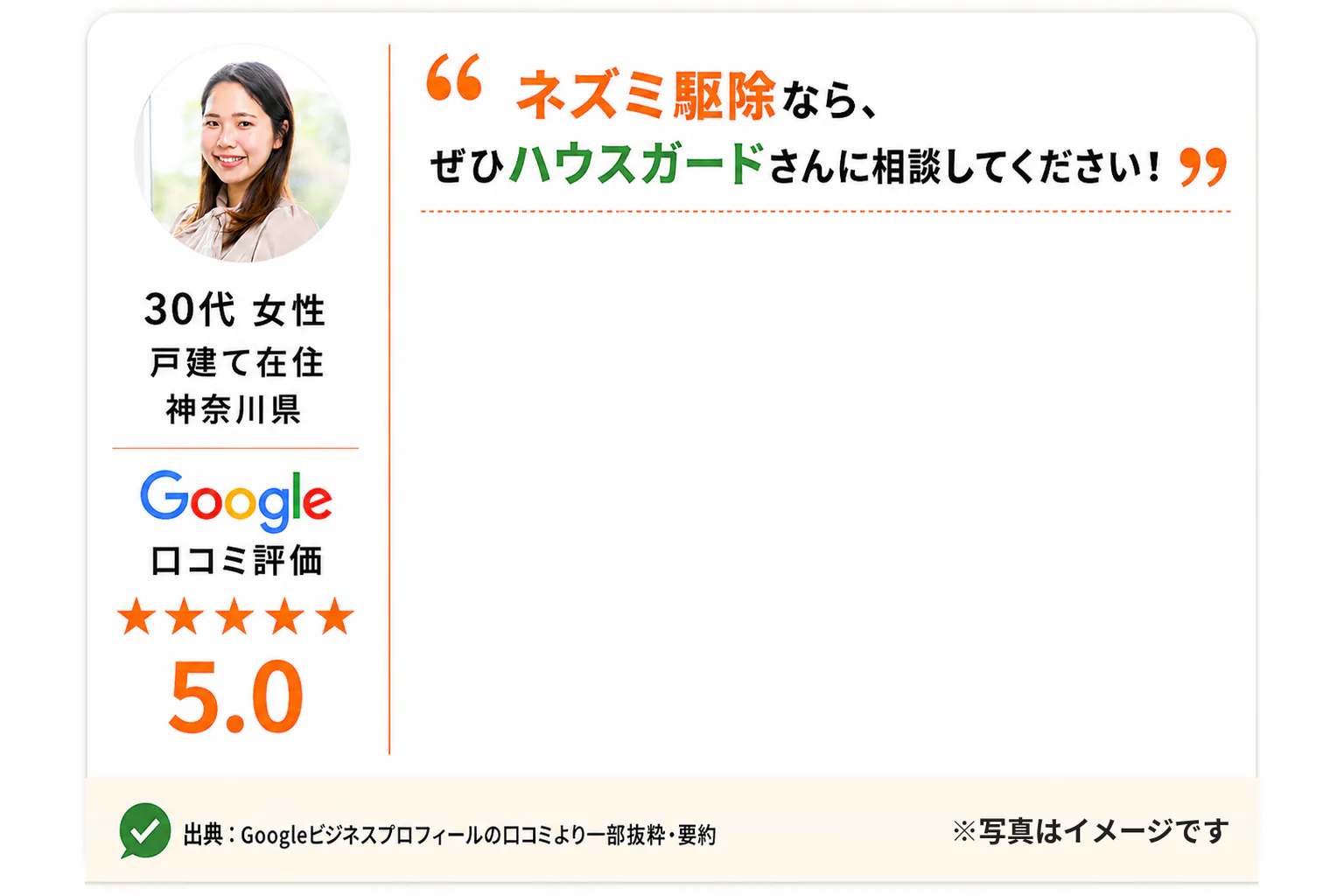 神奈川県の30代女性・戸建て在住のお客様の声。ネズミの侵入口調査と工事説明を評価し「ぜひ相談してください」とGoogle口コミで5.0評価