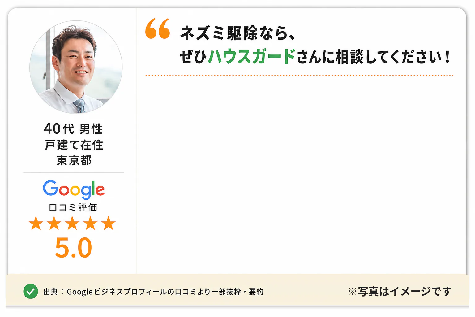東京都の40代男性・戸建て在住のお客様の声。相見積もりの中で予算内の提案を評価し、ネズミ駆除を依頼してGoogle口コミで5.0評価